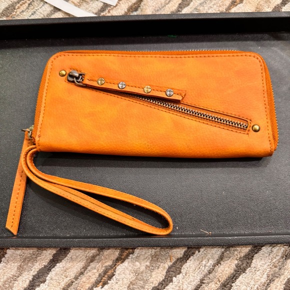Free People Handbags - Free People Vegan Orange Faux Leather Zip Around Wristlet Wallet Clutch Studded
